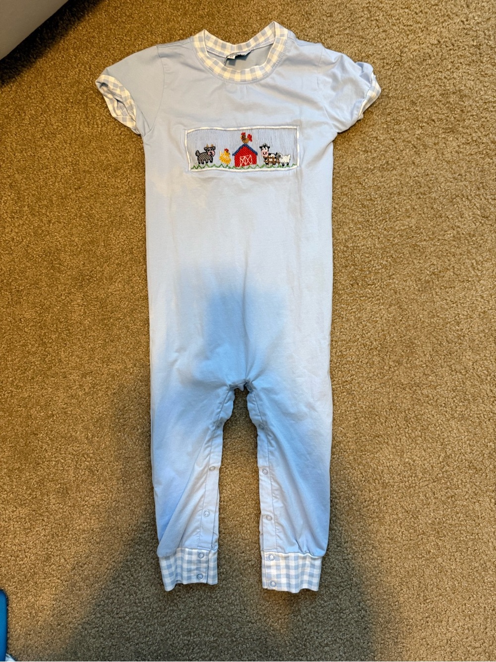 Busy Bee Smocks! Light Blue Farm Smocked romper